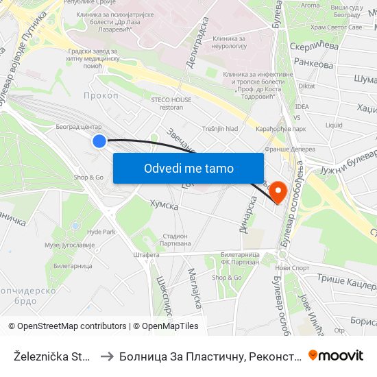 Železnička Stanica Beograd Centar to Болница За Пластичну, Реконструктивну И Естетску Хирургију „Др Цолић“ map