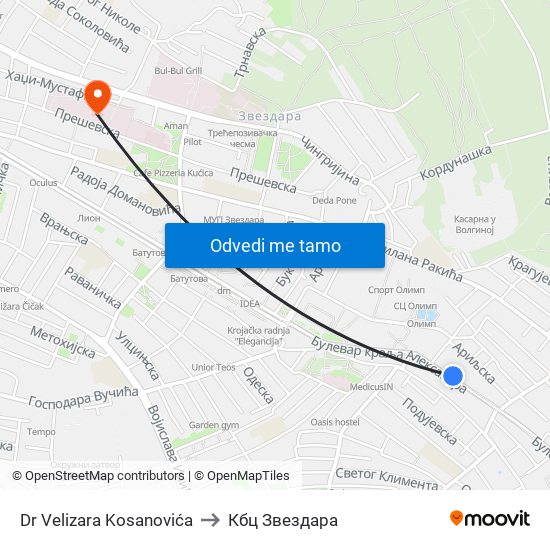 Dr Velizara Kosanovića to Кбц Звездара map