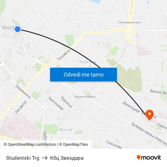 Studentski Trg to Кбц Звездара map