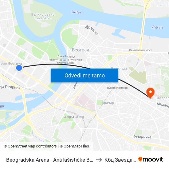 Beogradska Arena - Antifašističke Borbe to Кбц Звездара map