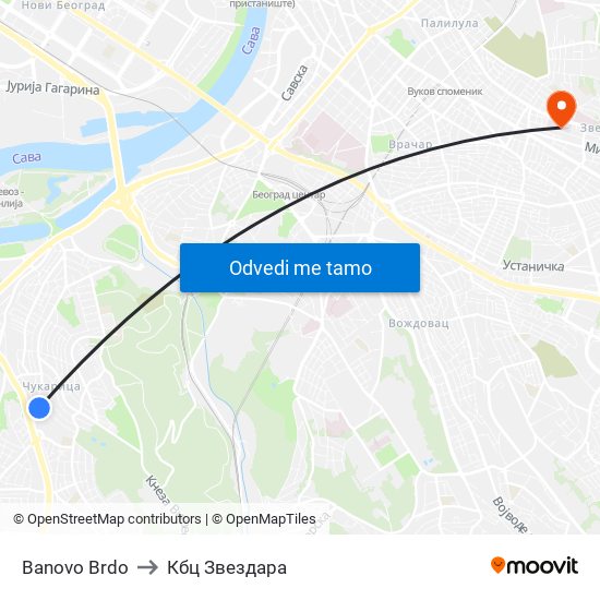 Banovo Brdo to Кбц Звездара map