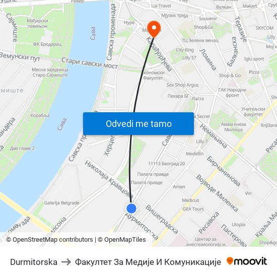 Durmitorska to Факултет За Медије И Комуникације map