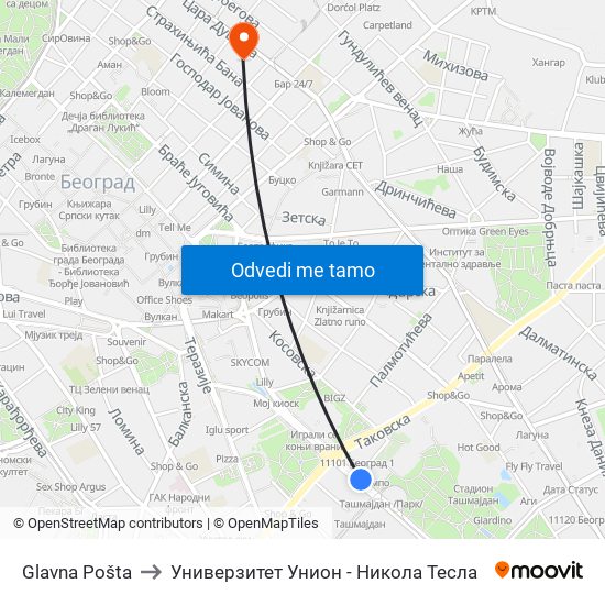 Glavna Pošta to Универзитет Унион - Никола Тесла map