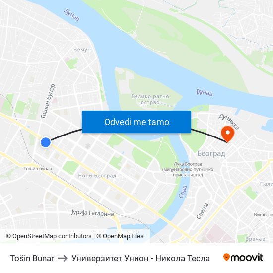 Tošin Bunar to Универзитет Унион - Никола Тесла map