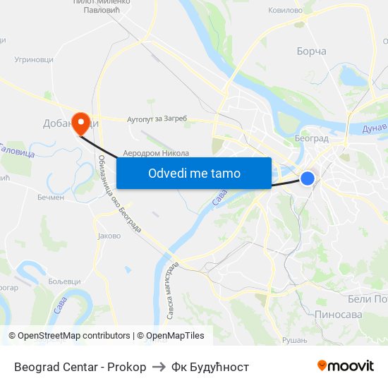 Beograd Centar - Prokop to Фк Будућност map