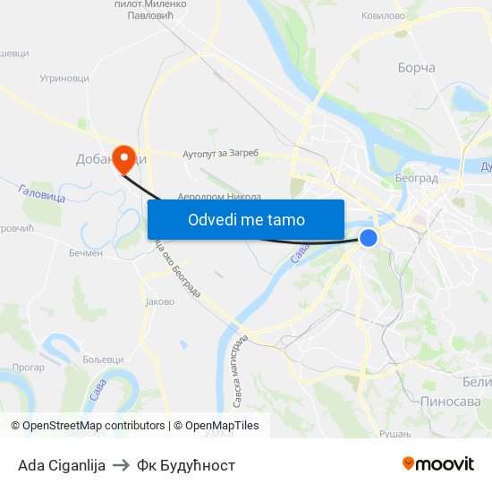 Ada Ciganlija to Фк Будућност map