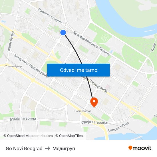 Go Novi Beograd to Медигруп map