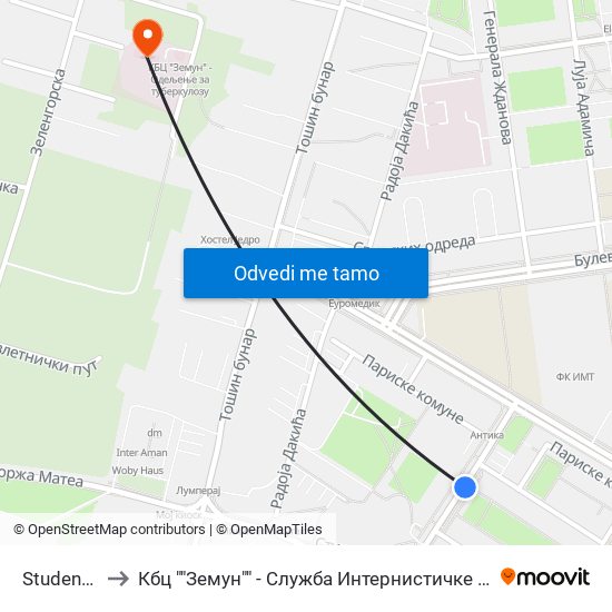 Studentska to Кбц ""Земун"" - Служба Интернистичке Геријатрије map