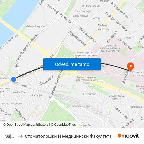 Sajam to Стоматолошки И Медицински Факултет (Деканат) map