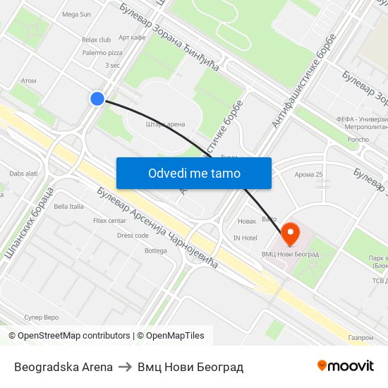 Beogradska Arena to Вмц Нови Београд map