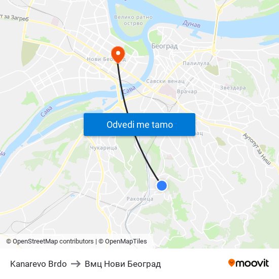 Kanarevo Brdo to Вмц Нови Београд map