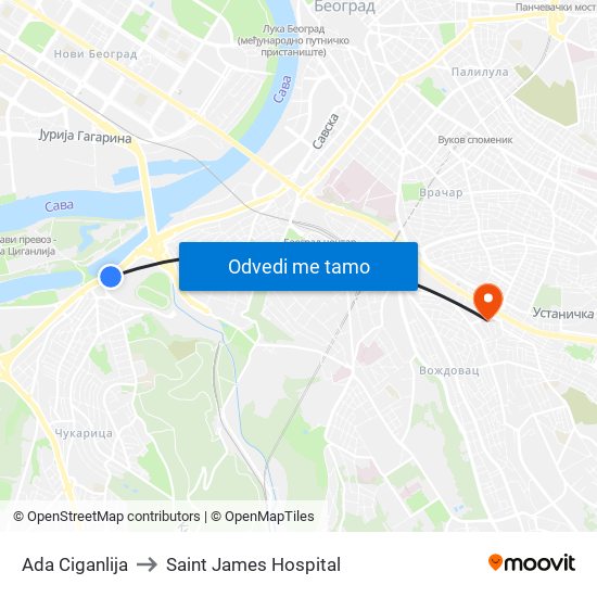 Ada Ciganlija to Saint James Hospital map