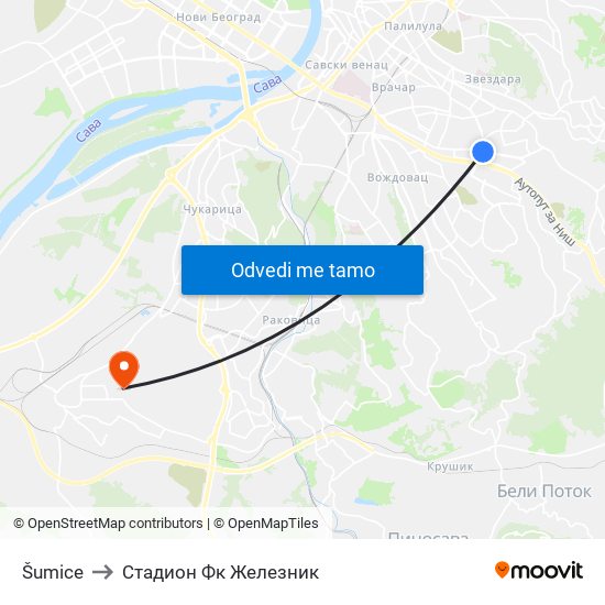 Šumice to Стадион Фк Железник map