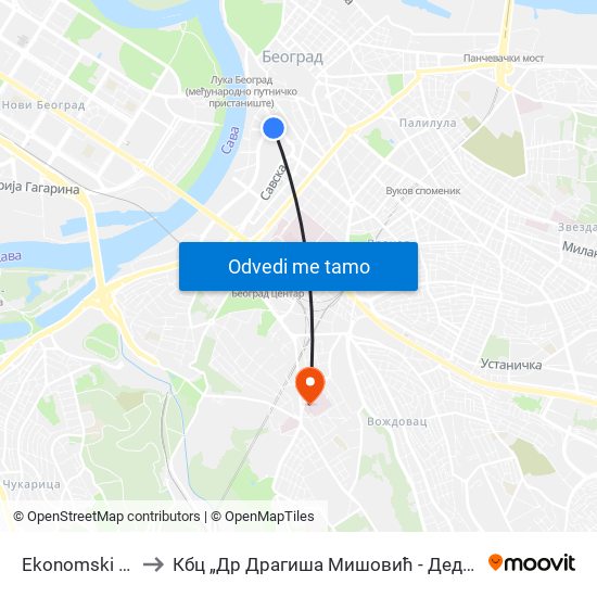 Ekonomski Fakultet to Кбц „Др Драгиша Мишовић - Дедиње“ Комплекс А map