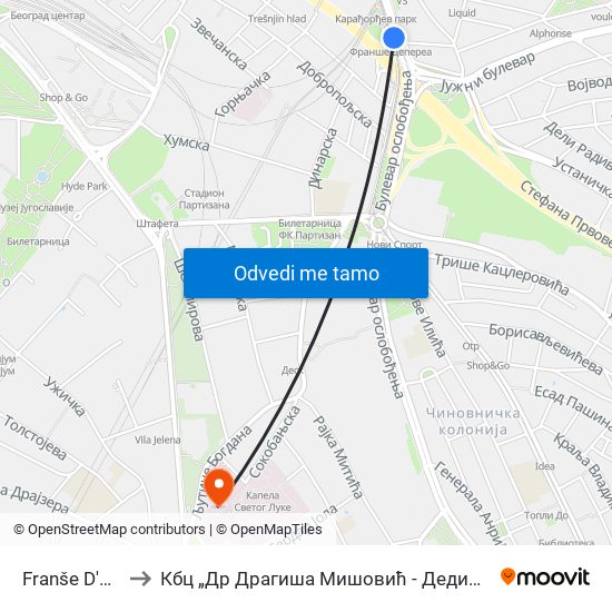 Franše D'Eperea to Кбц „Др Драгиша Мишовић - Дедиње“ Комплекс А map