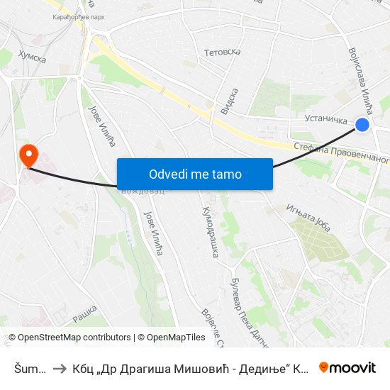 Šumice to Кбц „Др Драгиша Мишовић - Дедиње“ Комплекс А map