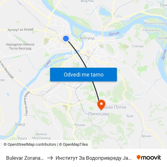 Bulevar Zorana Đinđića to Институт За Водопривреду Јарослав Черни map