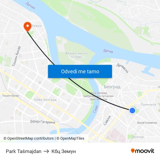 Park Tašmajdan to Кбц Земун map