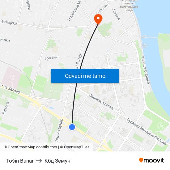 Tošin Bunar to Кбц Земун map