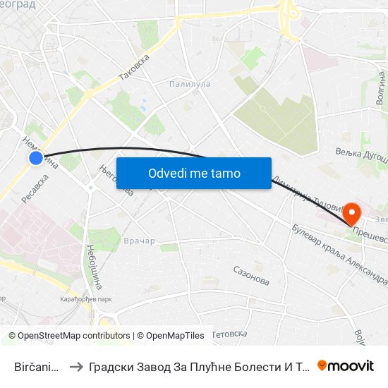 Birčaninova to Градски Завод За Плућне Болести И Туберкулозу map