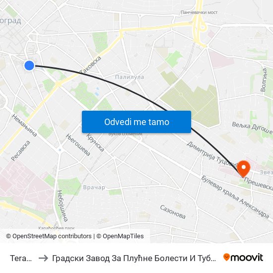 Terazije to Градски Завод За Плућне Болести И Туберкулозу map