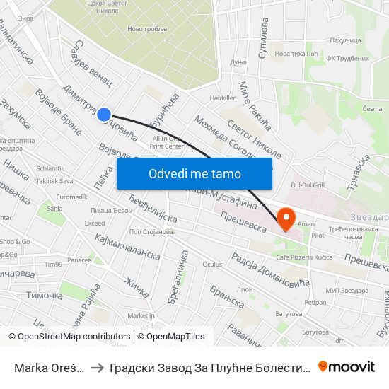 Marka Oreškovića to Градски Завод За Плућне Болести И Туберкулозу map