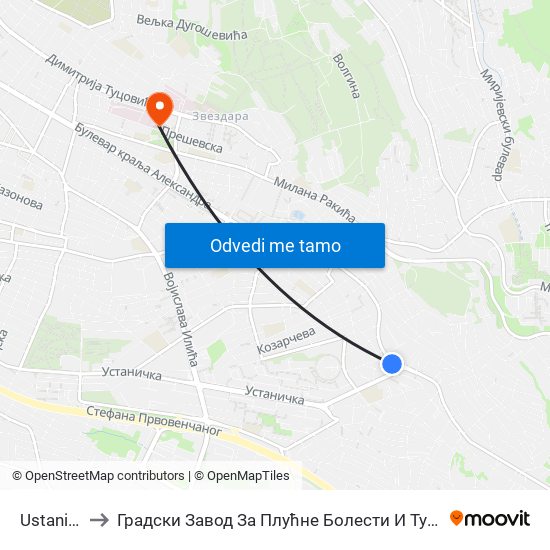 Ustanička to Градски Завод За Плућне Болести И Туберкулозу map