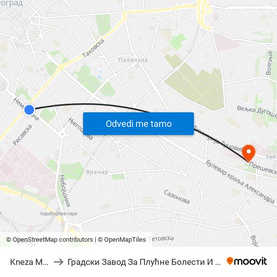 Kneza Miloša to Градски Завод За Плућне Болести И Туберкулозу map