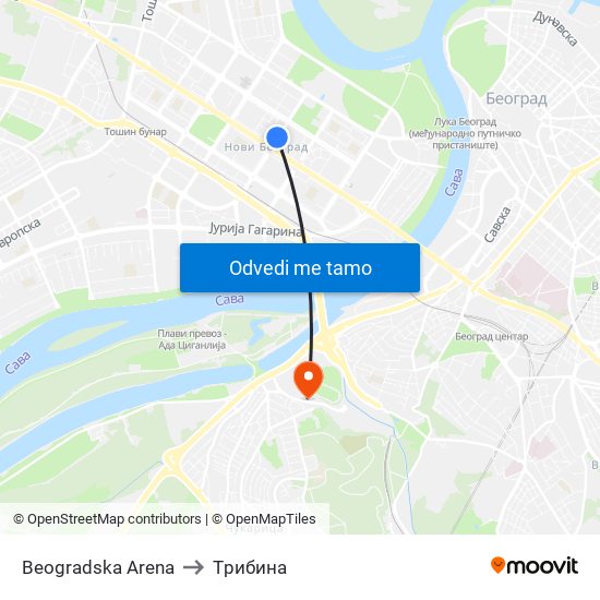 Beogradska Arena to Tрибина map