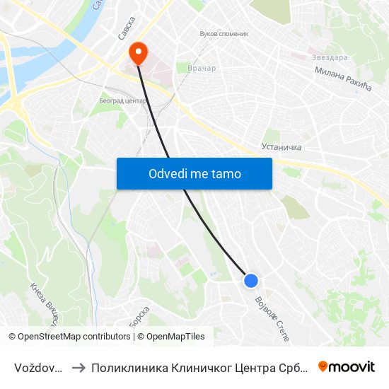 Voždovac to Поликлиника Клиничког Центра Србије map