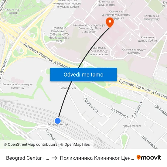Beograd Centar - Prokop to Поликлиника Клиничког Центра Србије map