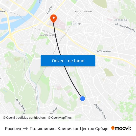 Paunova to Поликлиника Клиничког Центра Србије map