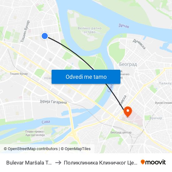 Bulevar Maršala Tolbuhina to Поликлиника Клиничког Центра Србије map