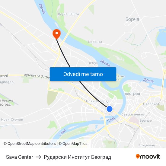 Sava Centar to Рударски Институт Београд map