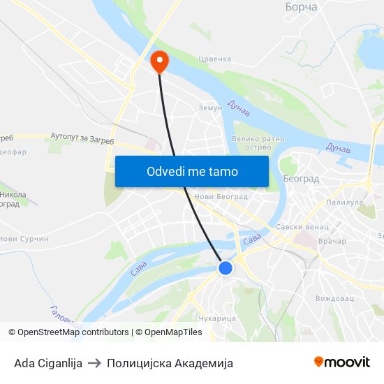 Ada Ciganlija to Полицијска Академија map