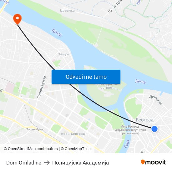 Dom Omladine to Полицијска Академија map