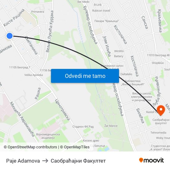 Paje Adamova to Саобраћајни Факултет map