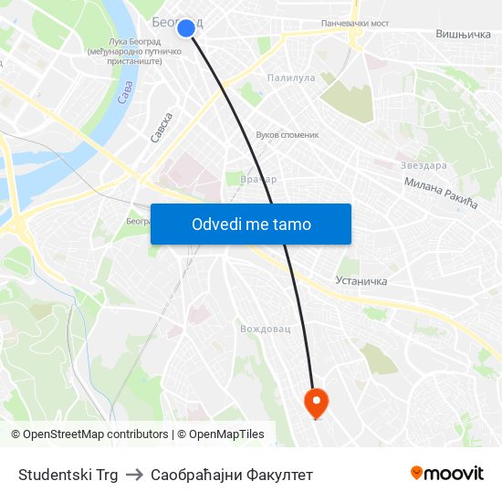 Studentski Trg to Саобраћајни Факултет map