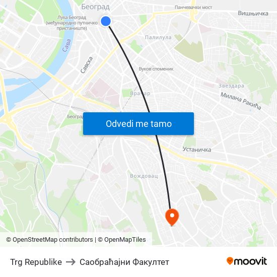 Trg Republike to Саобраћајни Факултет map