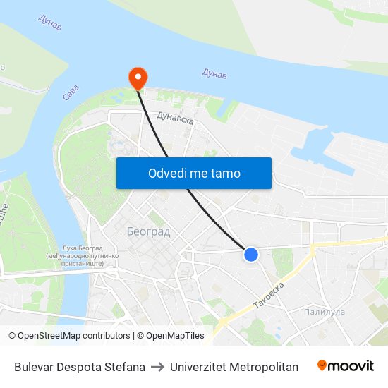 Bulevar Despota Stefana to Univerzitet Metropolitan map