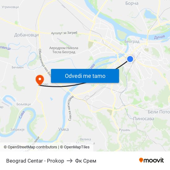 Beograd Centar - Prokop to Фк Срем map