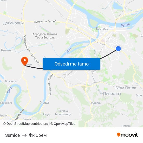 Šumice to Фк Срем map