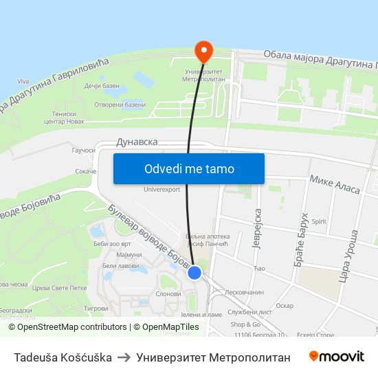 Tadeuša Košćuška to Универзитет Метрополитан map