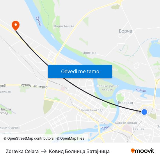 Zdravka Čelara to Ковид Болница Батајница map