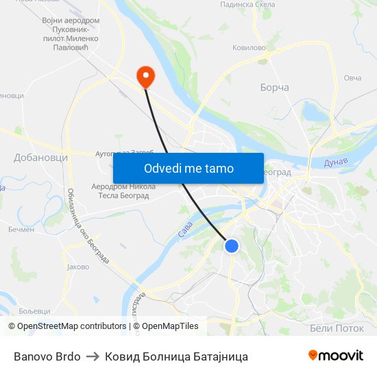 Banovo Brdo to Ковид Болница Батајница map