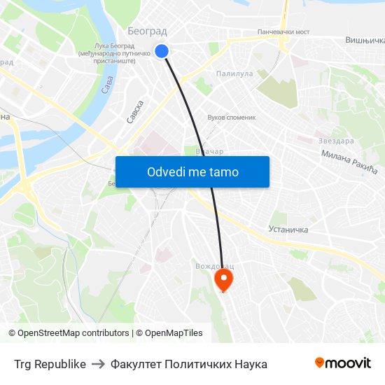 Trg Republike to Факултет Политичких Наука map