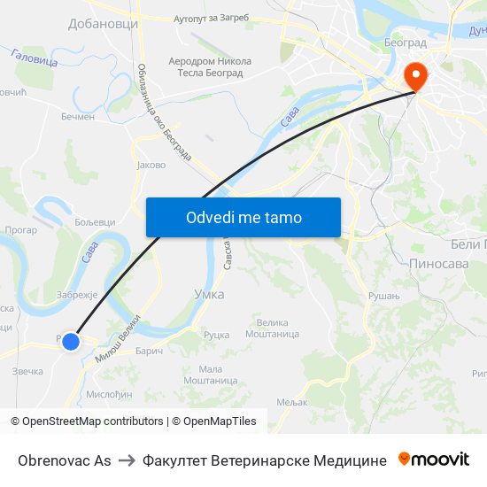 Obrenovac Аs to Факултет Ветеринарске Медицине map