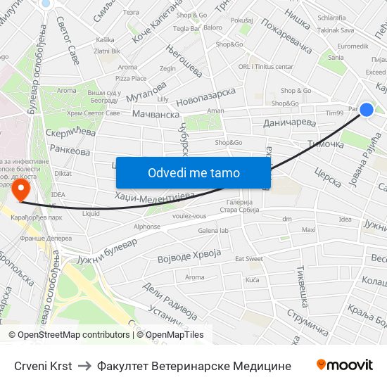 Crveni Krst to Факултет Ветеринарске Медицине map