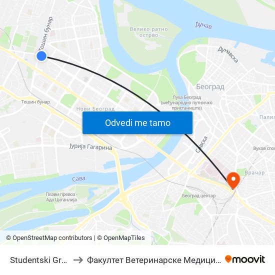 Studentski Grad to Факултет Ветеринарске Медицине map