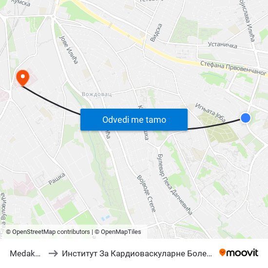 Medaković 2 to Институт За Кардиоваскуларне Болести ""Дедиње 2"" map